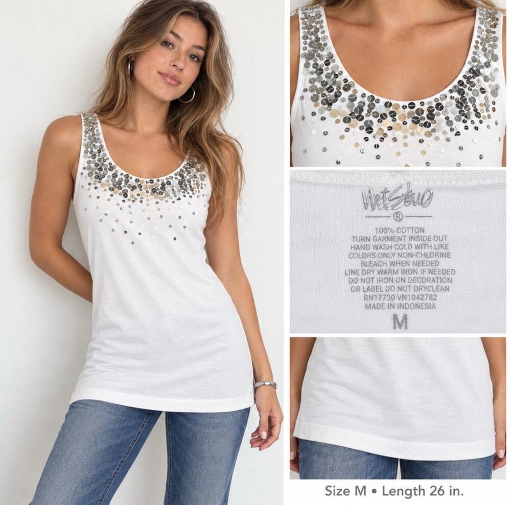 Y2K Indie Sleaze Mossimo Sequin Embellished Scoop Neck Tank Top Sz Medium Ivory